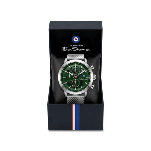 The Watch Boutique Ben Sherman Men's Silver Skeleton Chronograph Watch with Green Dial & Stainless Steel Mesh Bracelet