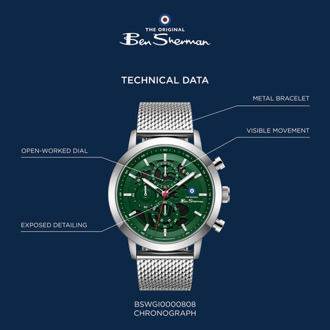 The Watch Boutique Ben Sherman Men's Silver Skeleton Chronograph Watch with Green Dial & Stainless Steel Mesh Bracelet