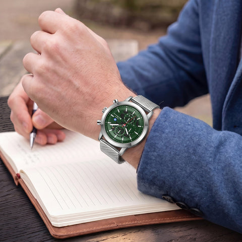 The Watch Boutique Ben Sherman Men's Silver Skeleton Chronograph Watch with Green Dial & Stainless Steel Mesh Bracelet