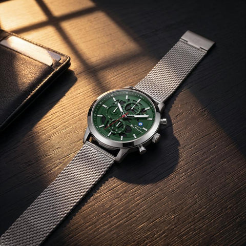 The Watch Boutique Ben Sherman Men's Silver Skeleton Chronograph Watch with Green Dial & Stainless Steel Mesh Bracelet