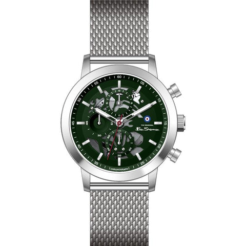 The Watch Boutique Ben Sherman Men's Silver Skeleton Chronograph Watch with Green Dial & Stainless Steel Mesh Bracelet