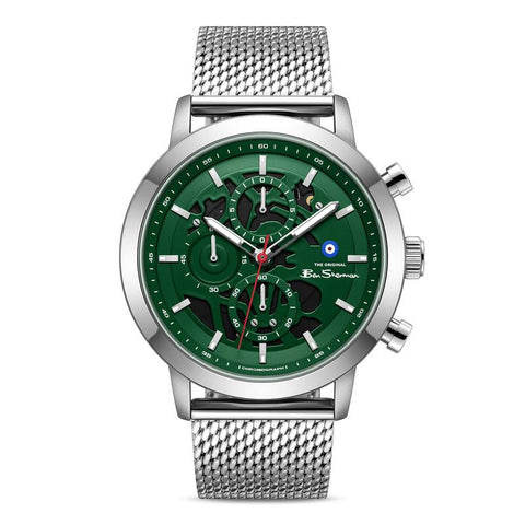 The Watch Boutique Ben Sherman Men's Silver Skeleton Chronograph Watch with Green Dial & Stainless Steel Mesh Bracelet