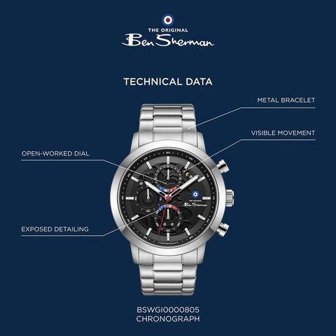 The Watch Boutique Ben Sherman Men's Silver Skeleton Chronograph Watch with Stainless Steel Bracelet