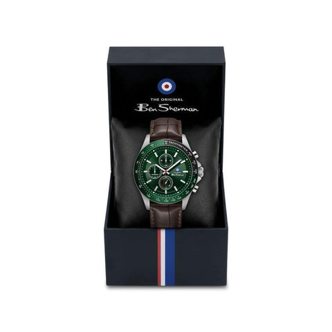 The Watch Boutique Ben Sherman Men’s Silver-Tone Chronograph Watch with Brown Leather Strap