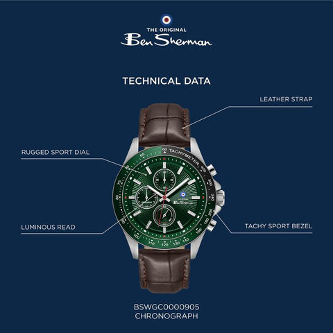 The Watch Boutique Ben Sherman Men’s Silver-Tone Chronograph Watch with Brown Leather Strap