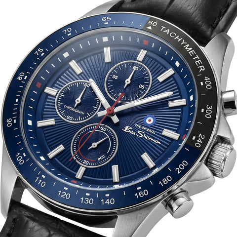 The Watch Boutique Ben Sherman Men’s Silver-Tone Chronograph Watch with Navy Dial and Black Leather Strap