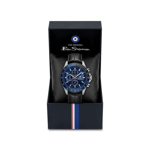 The Watch Boutique Ben Sherman Men’s Silver-Tone Chronograph Watch with Navy Dial and Black Leather Strap