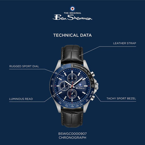 The Watch Boutique Ben Sherman Men’s Silver-Tone Chronograph Watch with Navy Dial and Black Leather Strap