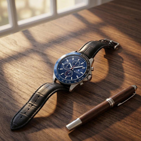 The Watch Boutique Ben Sherman Men’s Silver-Tone Chronograph Watch with Navy Dial and Black Leather Strap