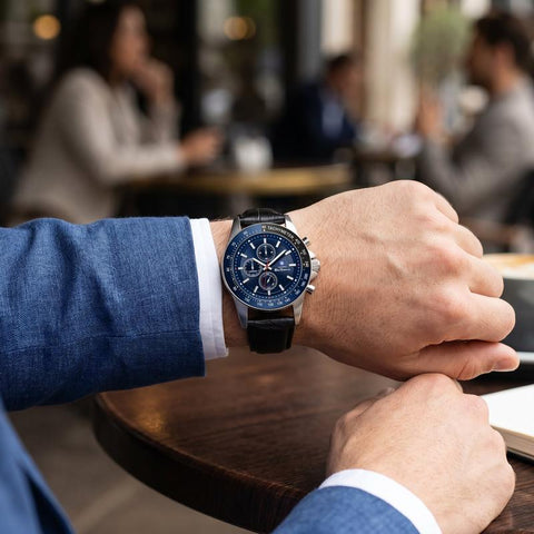 The Watch Boutique Ben Sherman Men’s Silver-Tone Chronograph Watch with Navy Dial and Black Leather Strap