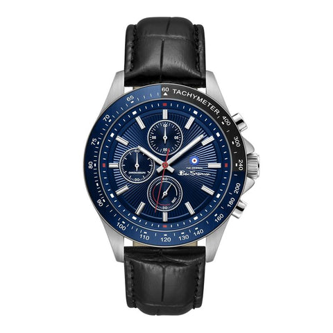 The Watch Boutique Ben Sherman Men’s Silver-Tone Chronograph Watch with Navy Dial and Black Leather Strap