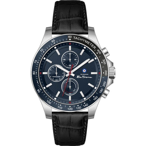 The Watch Boutique Ben Sherman Men’s Silver-Tone Chronograph Watch with Navy Dial and Black Leather Strap