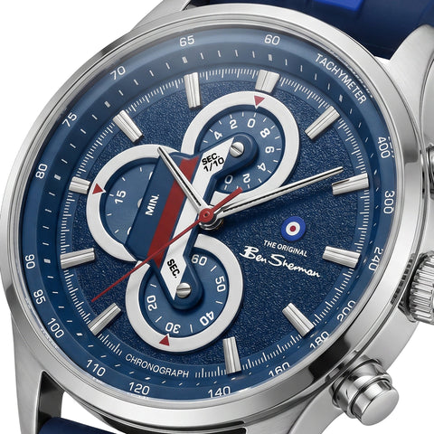The Watch Boutique Ben Sherman Men’s Silver-Tone Chronograph Watch with Navy Dial and Striped Silicone Strap