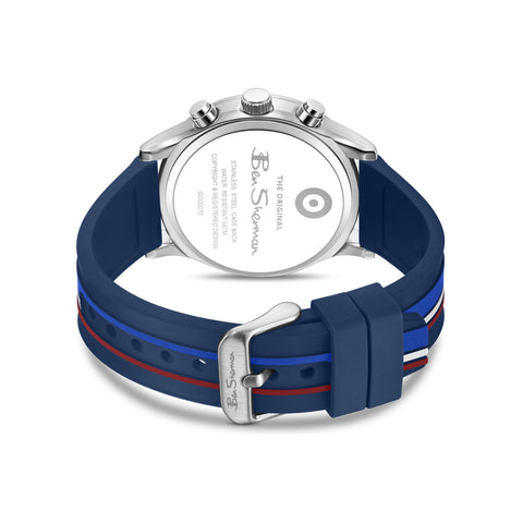 The Watch Boutique Ben Sherman Men’s Silver-Tone Chronograph Watch with Navy Dial and Striped Silicone Strap