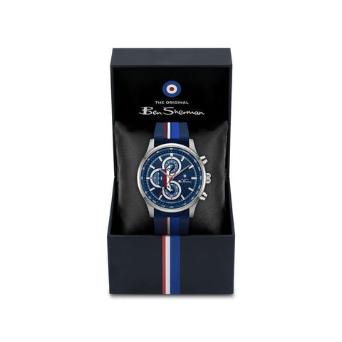 The Watch Boutique Ben Sherman Men’s Silver-Tone Chronograph Watch with Navy Dial and Striped Silicone Strap