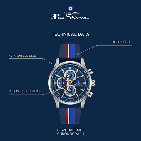 The Watch Boutique Ben Sherman Men’s Silver-Tone Chronograph Watch with Navy Dial and Striped Silicone Strap