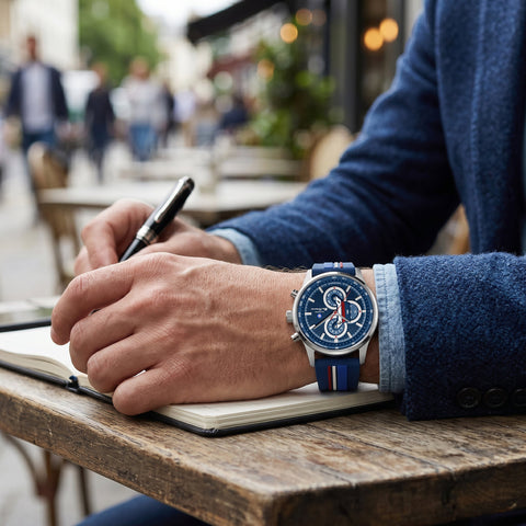 The Watch Boutique Ben Sherman Men’s Silver-Tone Chronograph Watch with Navy Dial and Striped Silicone Strap