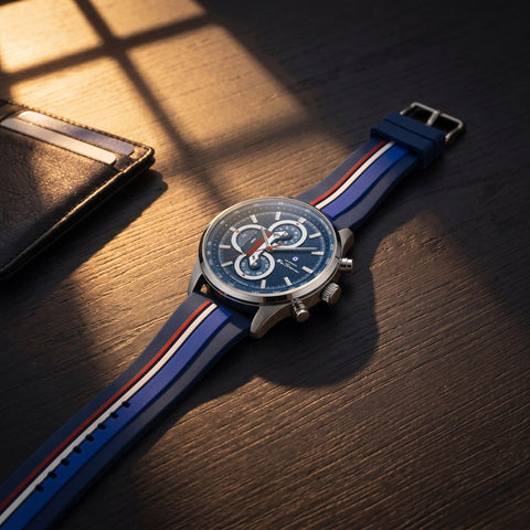The Watch Boutique Ben Sherman Men’s Silver-Tone Chronograph Watch with Navy Dial and Striped Silicone Strap