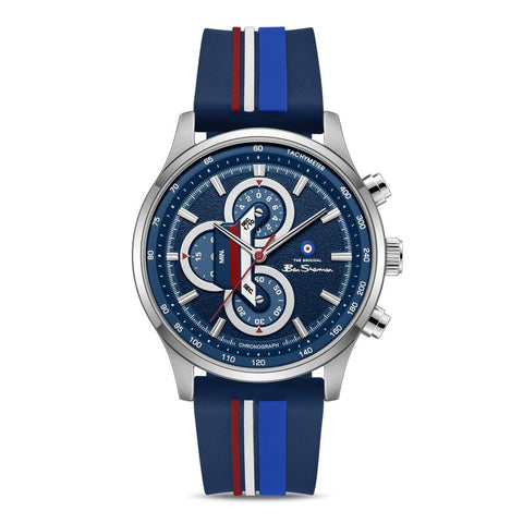 The Watch Boutique Ben Sherman Men’s Silver-Tone Chronograph Watch with Navy Dial and Striped Silicone Strap