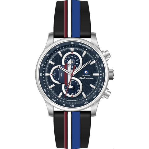Ben Sherman Men’s Silver-Tone Chronograph Watch with Navy Dial and Striped Silicone Strap