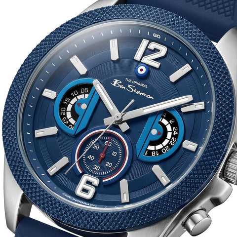 The Watch Boutique Ben Sherman Men’s Silver-Tone Chronograph Watch with Navy Dial and Textured Silicone Strap