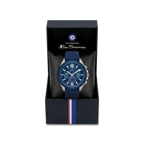 The Watch Boutique Ben Sherman Men’s Silver-Tone Chronograph Watch with Navy Dial and Textured Silicone Strap