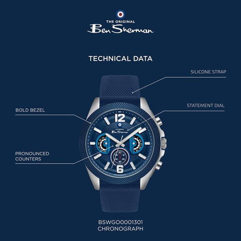 The Watch Boutique Ben Sherman Men’s Silver-Tone Chronograph Watch with Navy Dial and Textured Silicone Strap