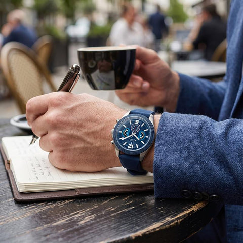 The Watch Boutique Ben Sherman Men’s Silver-Tone Chronograph Watch with Navy Dial and Textured Silicone Strap