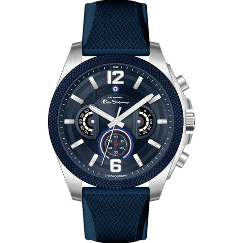 Ben Sherman Men’s Silver-Tone Chronograph Watch with Navy Dial and Textured Silicone Strap
