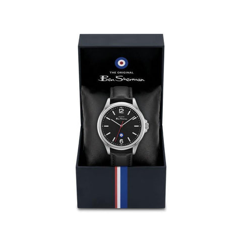 The Watch Boutique Ben Sherman Men’s Silver-Tone Watch with Black Dial and Leather Strap
