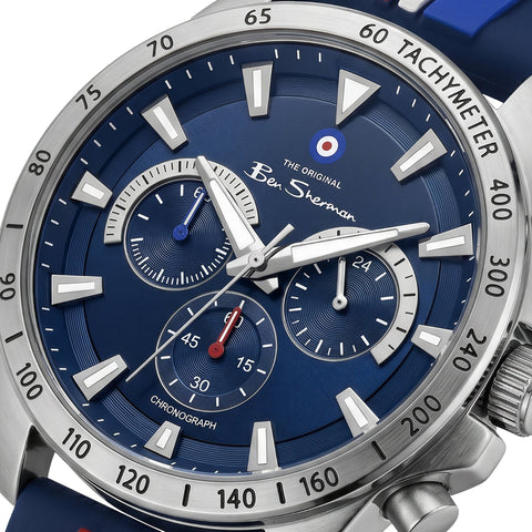 The Watch Boutique Ben Sherman Men's Sport Chronograph Watch – Blue Dial, Stainless Steel Case & Navy Silicone Strap