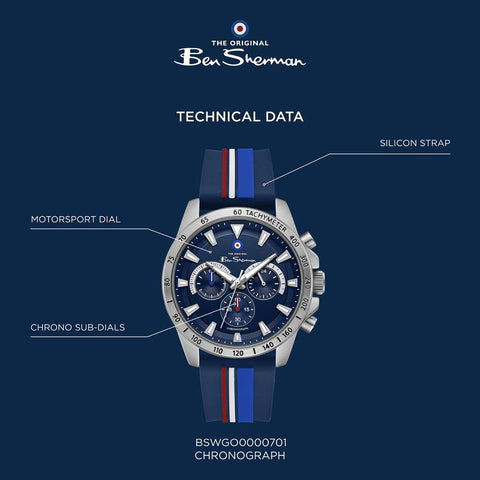 The Watch Boutique Ben Sherman Men's Sport Chronograph Watch – Blue Dial, Stainless Steel Case & Navy Silicone Strap