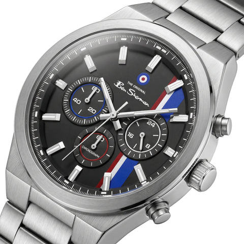 The Watch Boutique Ben Sherman Men's Stainless Steel Chronograph Watch with Black Dial & Silver Bracelet