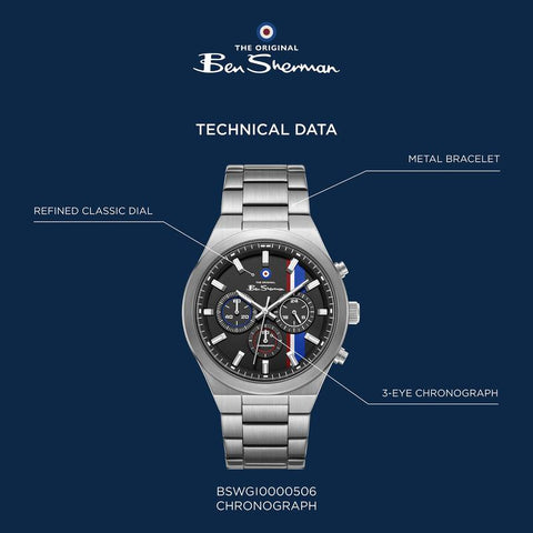 The Watch Boutique Ben Sherman Men's Stainless Steel Chronograph Watch with Black Dial & Silver Bracelet