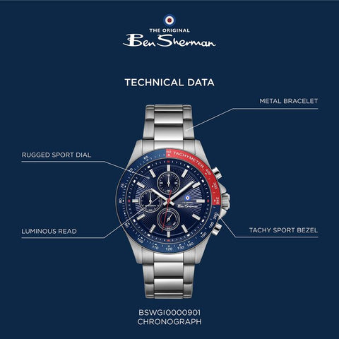 The Watch Boutique Ben Sherman Men's Stainless Steel Chronograph Watch with Blue Dial