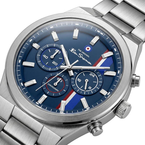 The Watch Boutique Ben Sherman Men's Stainless Steel Chronograph Watch with Blue Dial & Silver Bracelet