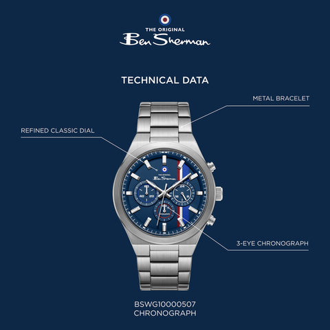 The Watch Boutique Ben Sherman Men's Stainless Steel Chronograph Watch with Blue Dial & Silver Bracelet