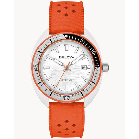 The Watch Boutique Bulova Snorkel White Dial Orange HNBR Rubber Dive Watch 98B448 for Men