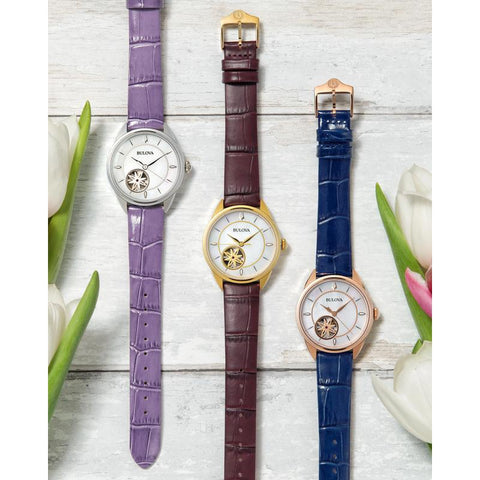 The Watch Boutique Bulova Sutton Women's Automatic Watch Lavender Leather Strap Mother-of-Pearl Dial