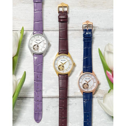The Watch Boutique Bulova Women's Sutton Rose Gold-Tone Automatic Watch with Blue Leather Strap