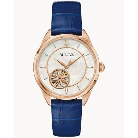 The Watch Boutique Bulova Women's Sutton Rose Gold-Tone Automatic Watch with Blue Leather Strap