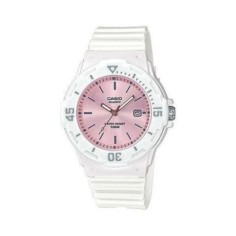 Casio women's 100m analog watch featuring a white resin band, pink dial, and rotating timer bezel.