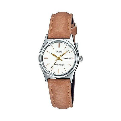 Casio women's watch with a tan leather band, silver chrome-plated case, and white analog dial with day-date display.