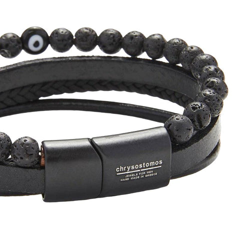 The Watch Boutique Chrysostomos Handmade Leather Bracelet with Lava & Evil Eye