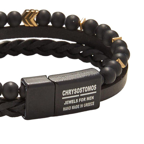 The Watch Boutique Chrysostomos Men's Handmade Leather Onyx Bracelet