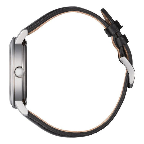 Side view of Citizen Eco-Drive dress watch with 40mm stainless steel case and black ox hide leather strap.