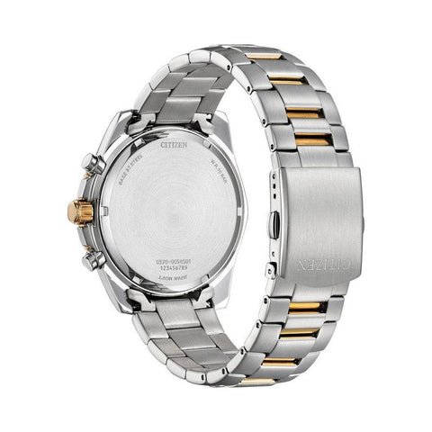 Back view of Citizen two-tone rose gold and stainless steel chronograph watch with secure push-button bracelet.