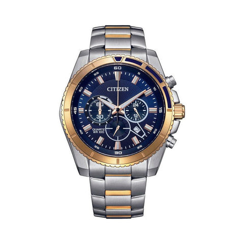 Citizen Gents 44mm two-tone rose gold and stainless steel chronograph watch with a striking blue dial and metal bracelet.