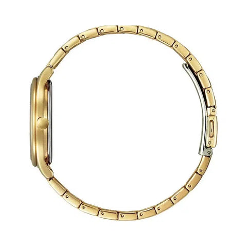 Citizen Eco-Drive ladies' dress watch in rose gold stainless steel with a sleek 32mm bracelet and elegant profile.