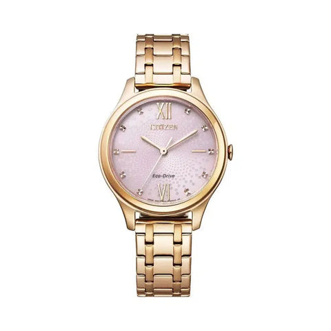Citizen Eco-Drive ladies' watch featuring a 32mm rose gold stainless steel case, bracelet, and elegant pink dial.